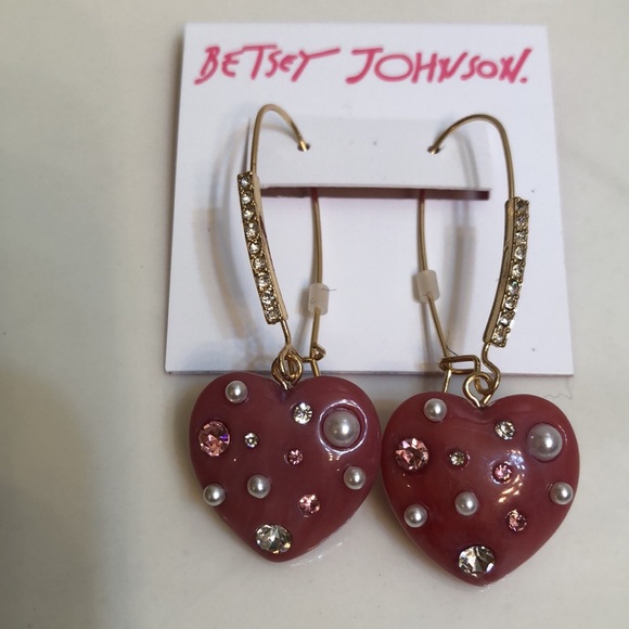 Betsey Johnson Gold Tone Pink Resin Heart Drop Earrings Crystal & Faux Pearl NWT - Picture 9 of 11